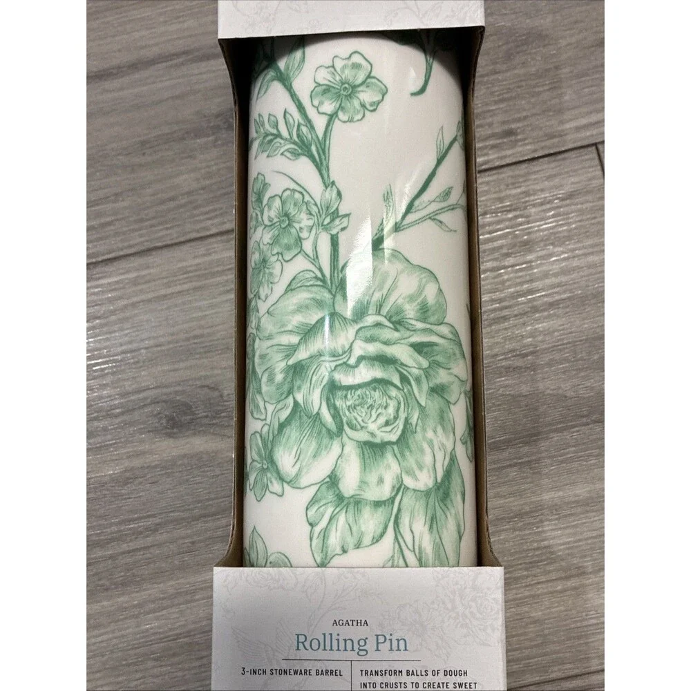 NEW-Pioneer Woman AGATHA Green Rolling Pin-Olivewood Handles-Butterflies